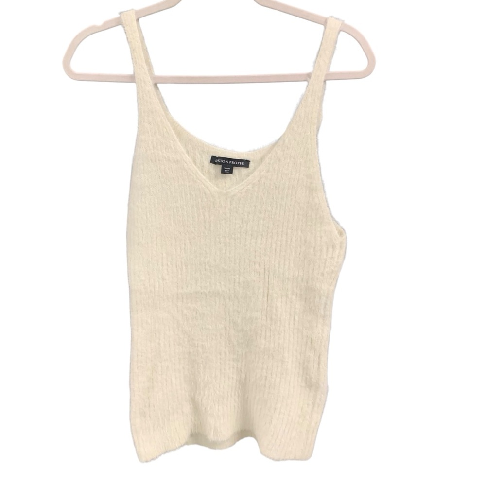 Boston Proper Women’s Size Medium White Furry Long V Neck Ribbed‎ Tank Top